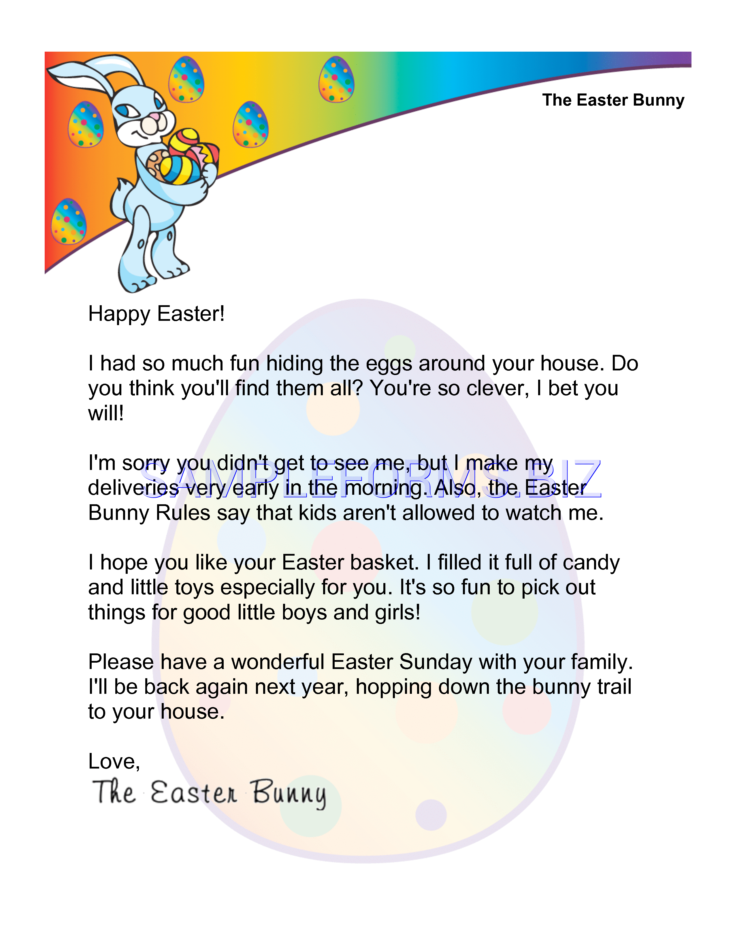 Preview free downloadable Easter Morning Letter from the Easter Bunny in PDF (page 1)